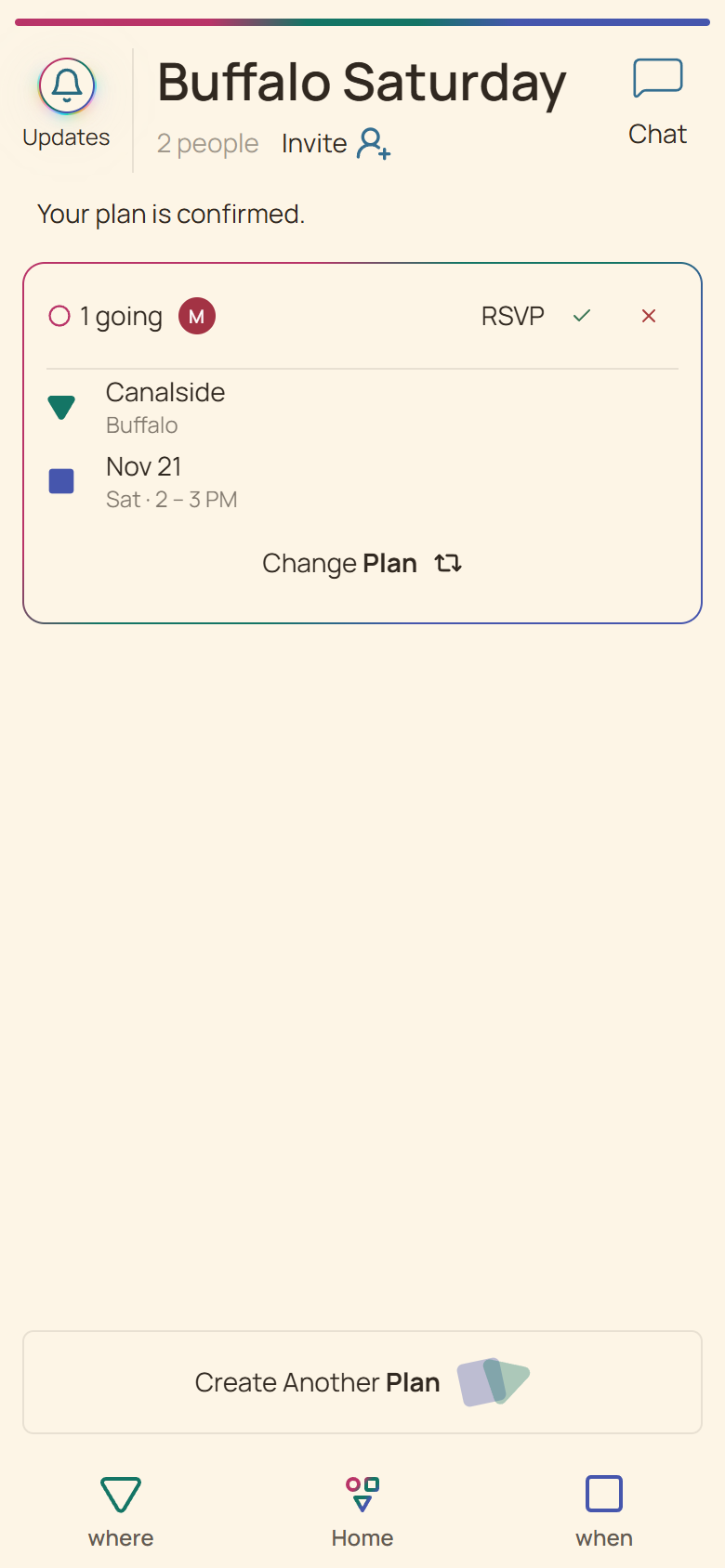Huddl shared plan overview in the current app, with fictional participants and planning details